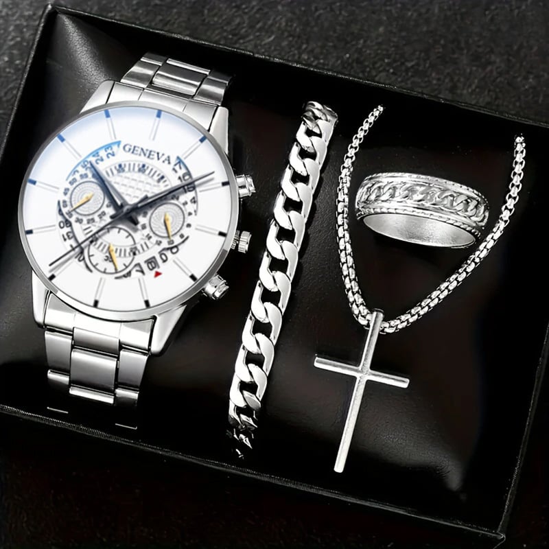 Luxury Men's Watch Gift Set with Glass Case and Quartz Movement