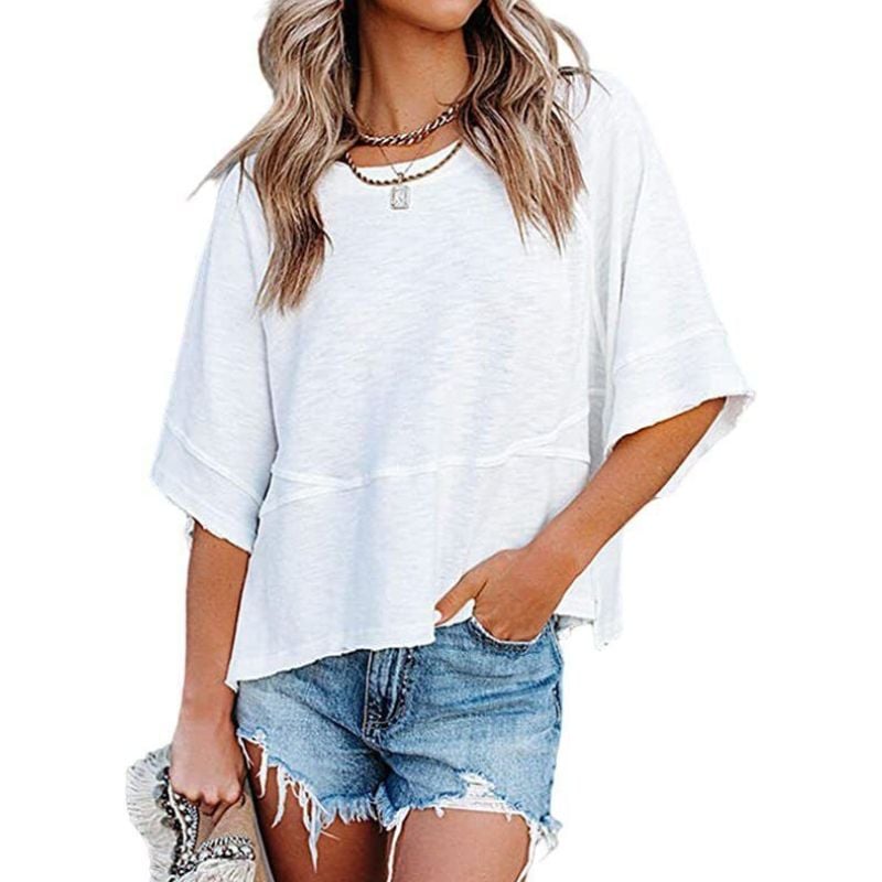 🤍 Women's Loose Fit Solid Color Crewneck Half Sleeve Casual Summer Top ✨