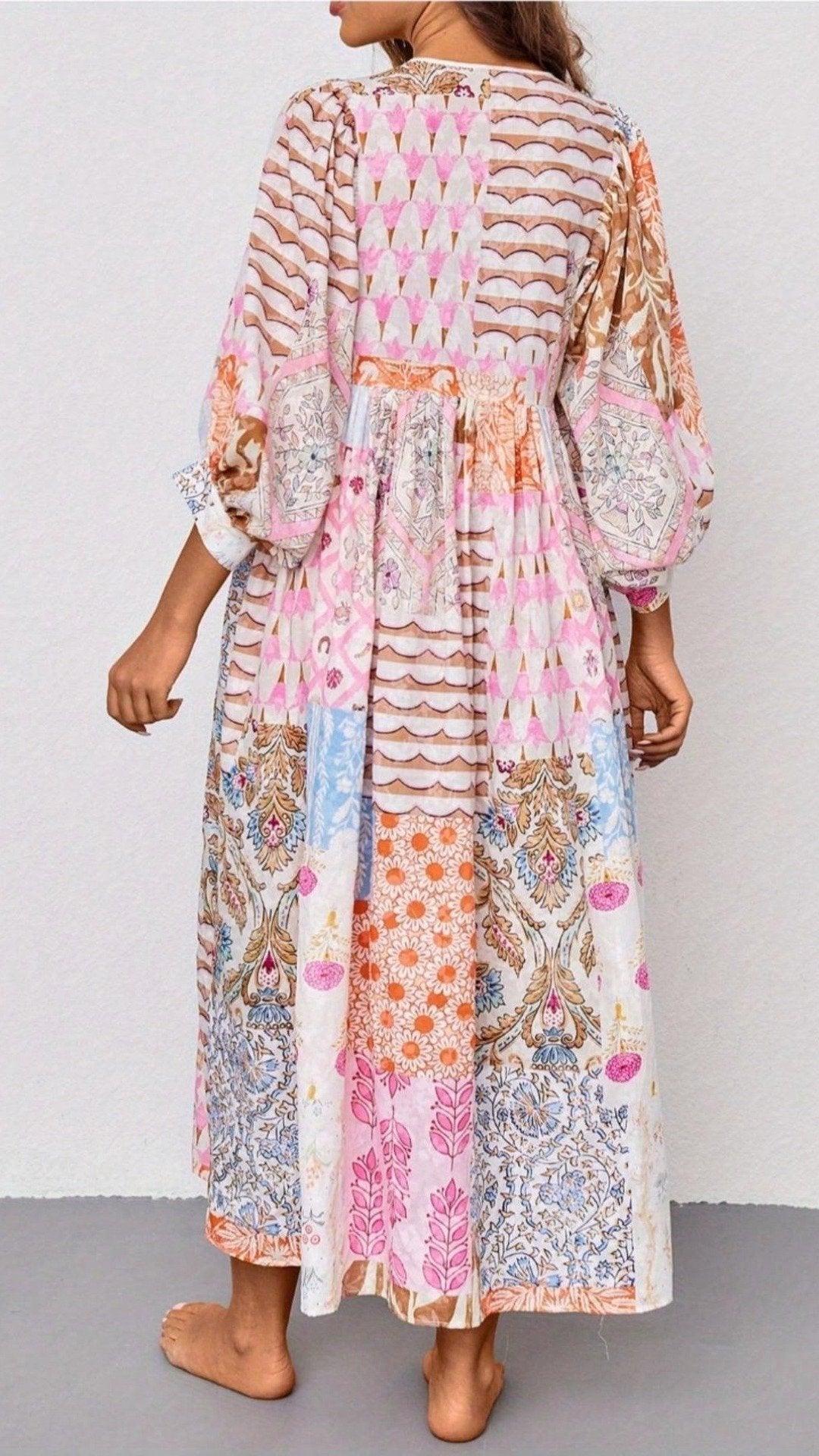 🌸 THE BOHO PATCHWORK MAXI: BALLOON SLEEVES, HIGH WAIST, PLUS-SIZE PERFECT — YOUR HOLIDAY WARDROBE HERO 🌸