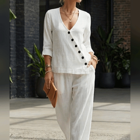 🌿 THE RELAXED LINEN SET: DEEP V TOP + WIDE LEG TROUSERS — YOUR NEW UNIFORM FOR EFFORTLESS DAYS 🌿