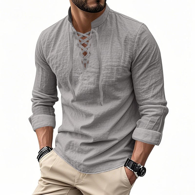Men's Casual Drawstring Linen Shirt - Lightweight Breathable Long-Sleeve Design for Daily Wear & Vacation