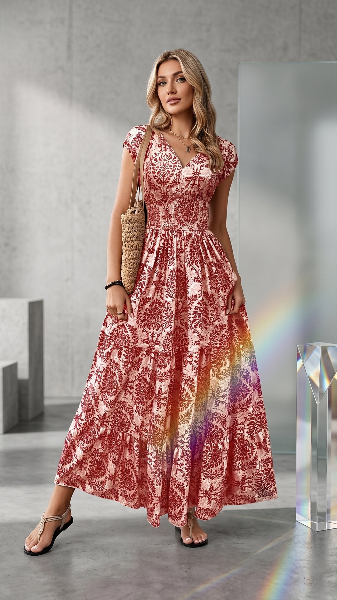 🌸 THE BOHEMIAN BLOOM MAXI: V-NECK, SHIRRED WAIST, ALL-OVER PRINT — YOUR SUMMER HOLIDAY DREAM DRESS 🌸