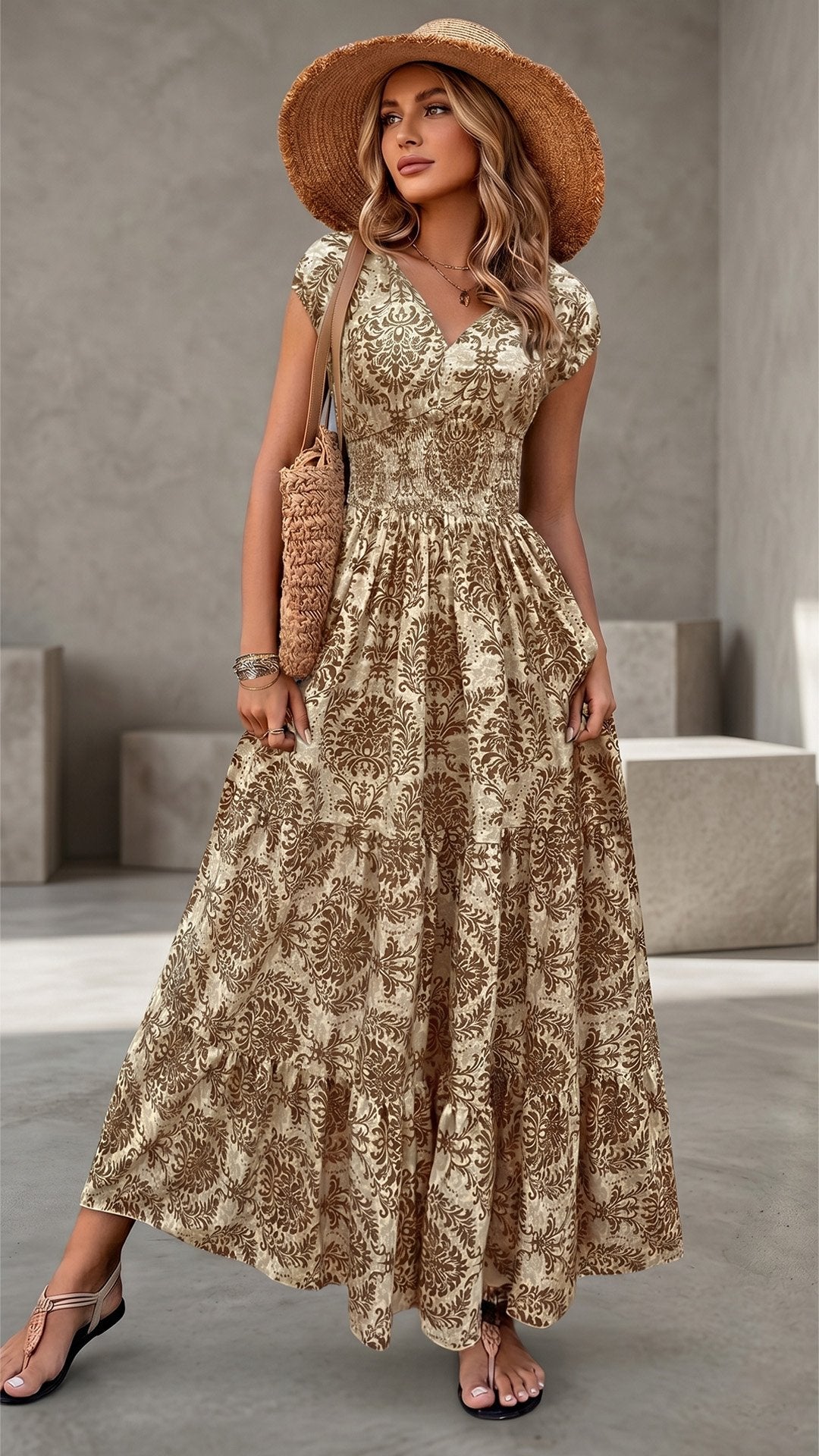 🌸 THE BOHEMIAN BLOOM MAXI: V-NECK, SHIRRED WAIST, ALL-OVER PRINT — YOUR SUMMER HOLIDAY DREAM DRESS 🌸