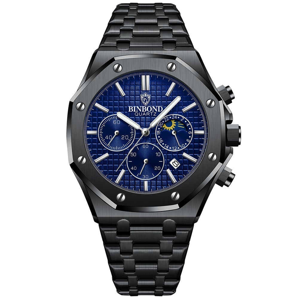 Three-Dial, Six-Hand Multifunction Moon Phase Men's Steel-Strap Watch