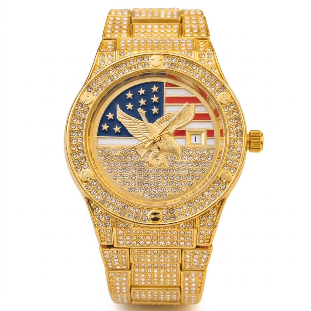 Men's Quartz Watch with Diamond-Set Stars and Stripes and Eagle Design