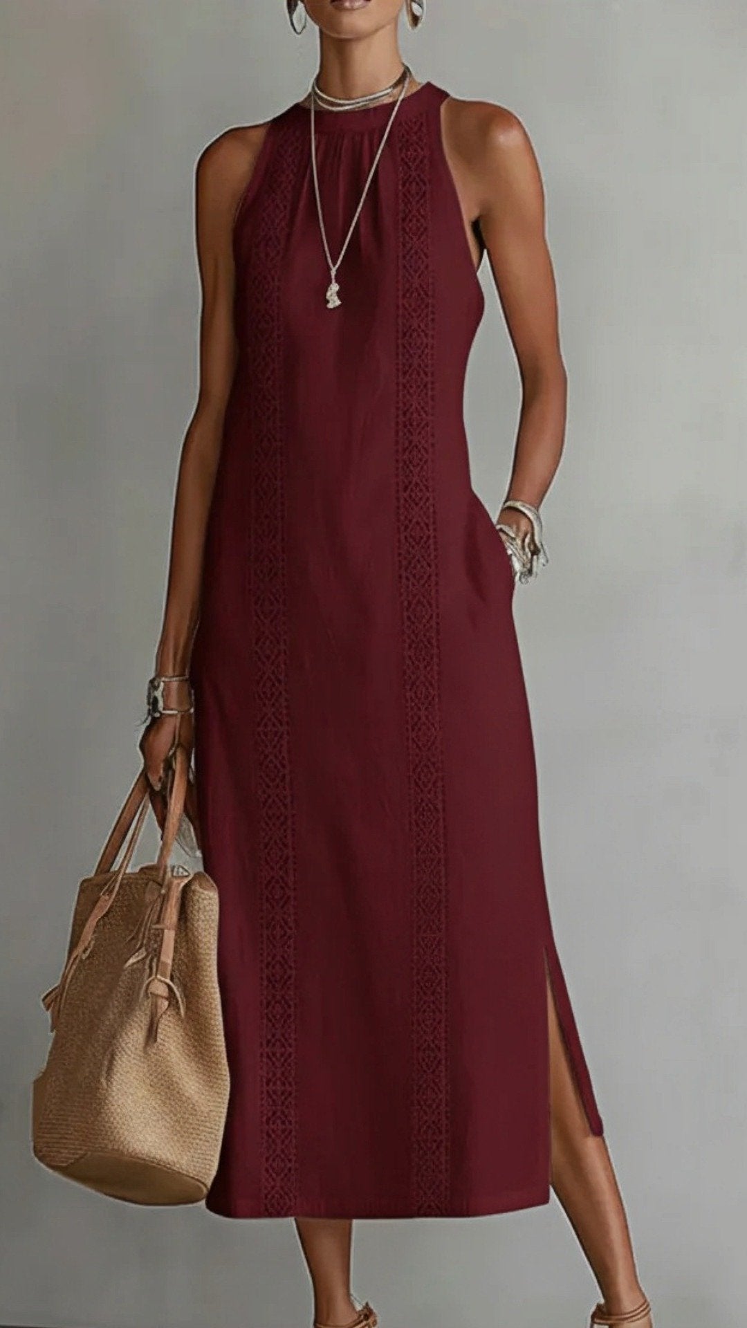 🌿 THE EMBROIDERED SLIT MAXI: HIGH NECK, LACE INSERTS, SIDE POCKETS — YOUR NEW SUMMER SIGNATURE 🌿