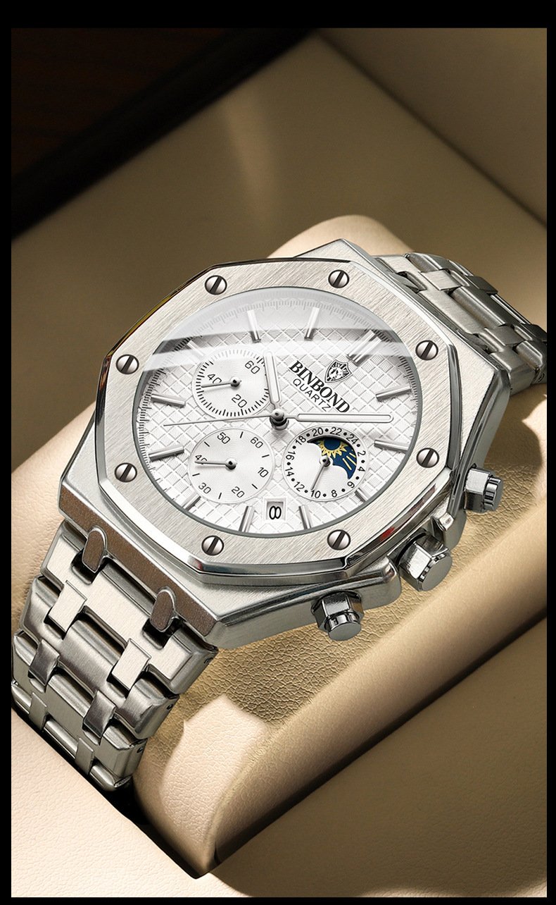Three-Dial, Six-Hand Multifunction Moon Phase Men's Steel-Strap Watch