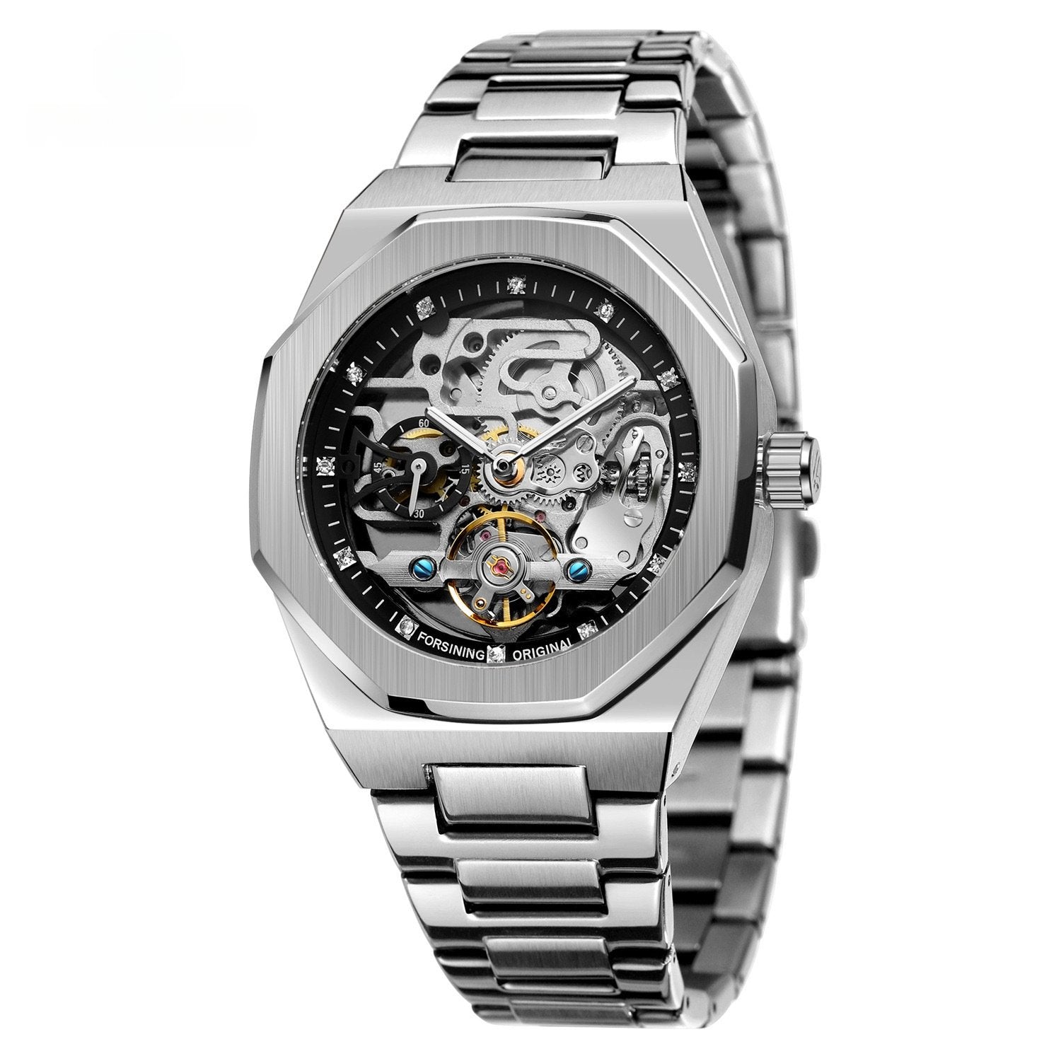 Men's Fully Automatic Mechanical Watch with Luminous Dial, Three Sub-dials, Six Hands, and Steel Bracelet