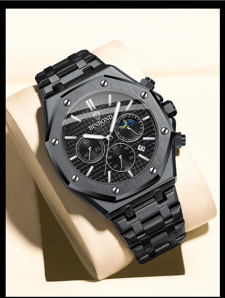 Three-Dial, Six-Hand Multifunction Moon Phase Men's Steel-Strap Watch