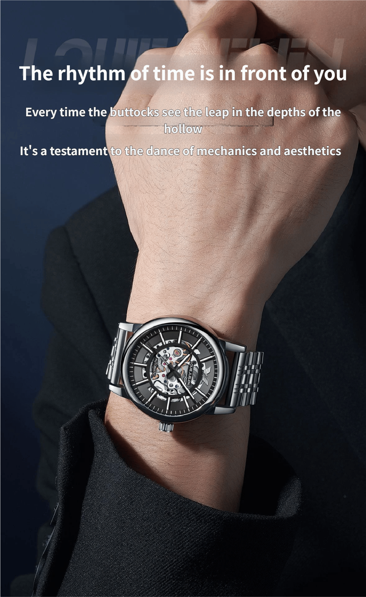 Men's Steel Strap Mechanical Watch with Skeletonised Movement and Luminescent Features