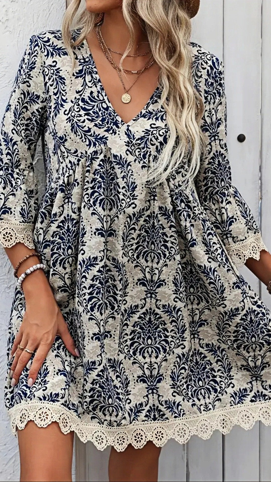 🌸 THE BOHEMIAN LACE TRIM DRESS: V‐NECK, LONG SLEEVES, ALL‐OVER PRINT — YOUR YEAR‐ROUND ESCAPE PIECE 🌸