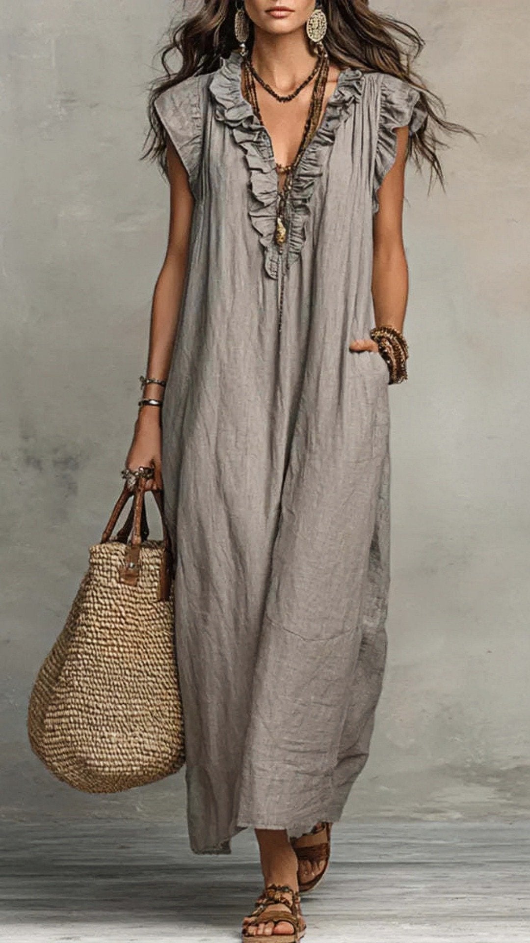 🌸 THE BOHO WANDERER MAXI: V‐NECK, RUFFLE HEM, SLEEVELESS – YOUR NEW HOLIDAY ESSENTIAL 🌸