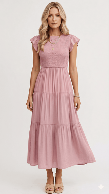🌸 THE COTTAGECORE SMOCKED MIDI: FLUTTER SLEEVES, TIERED SKIRT, HIGH WAIST — YOUR SWEETEST SUMMER ESSENTIAL 🌸