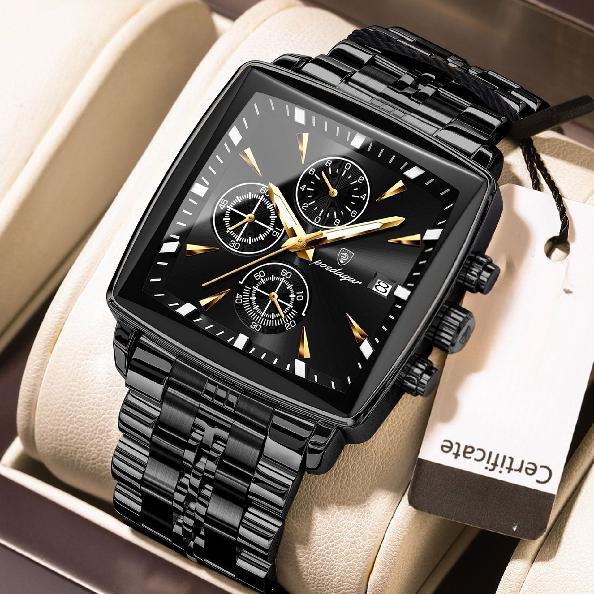 Men's Multifunctional Square Business Steel Band Quartz Watch