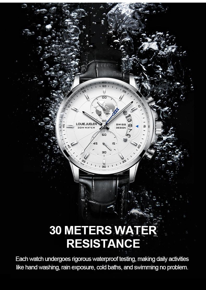 Elegant men's watch with globe design, 30m water resistant and luminous dial