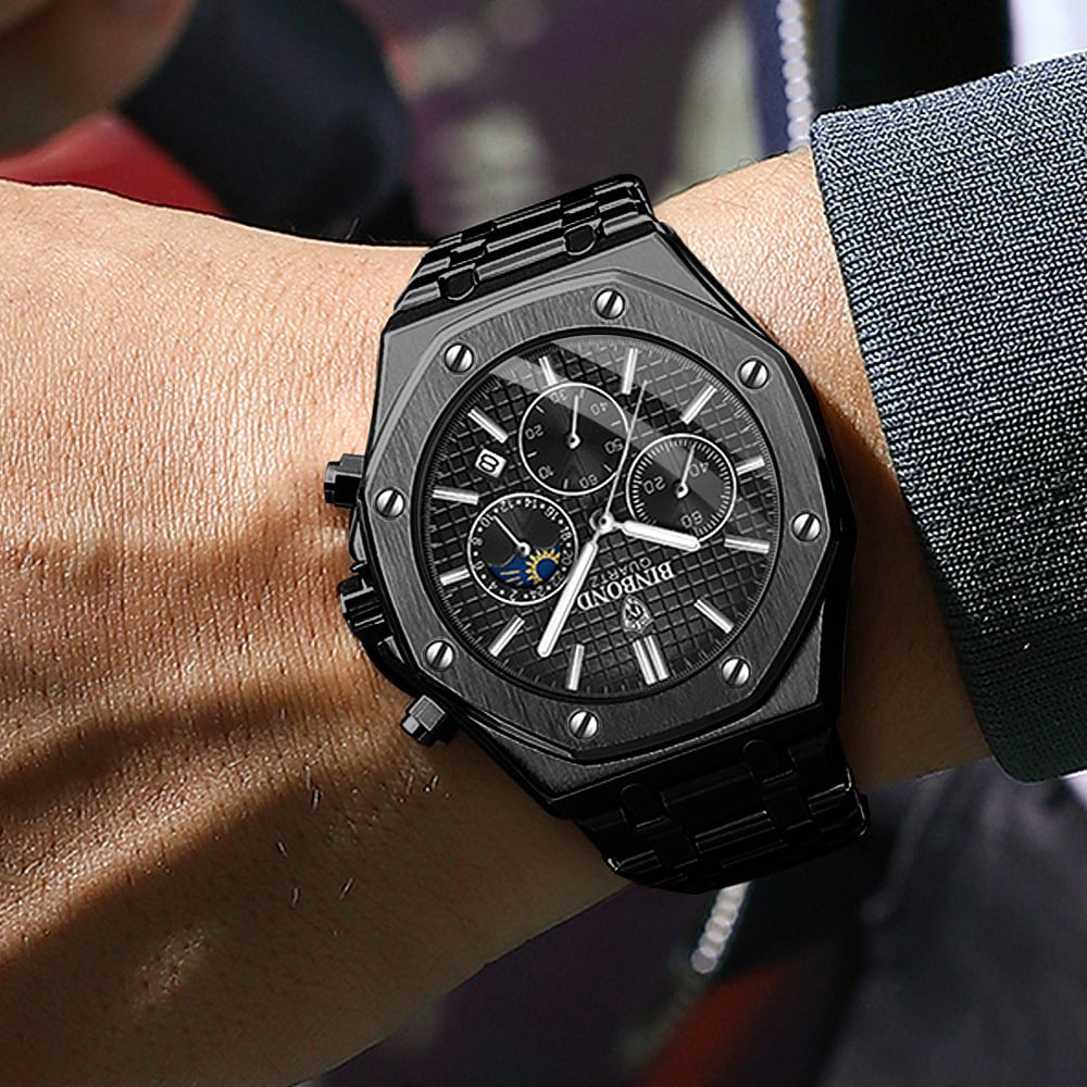 Three-Dial, Six-Hand Multifunction Moon Phase Men's Steel-Strap Watch