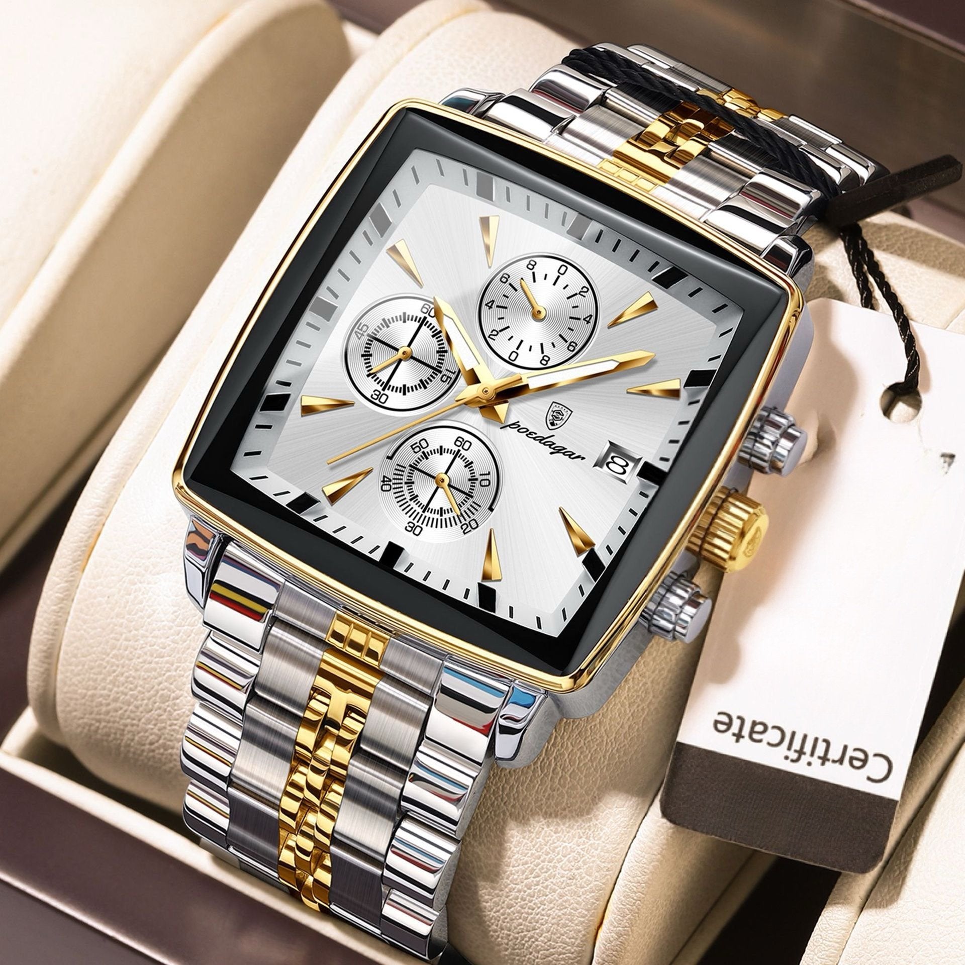 Men's Multifunctional Square Business Steel Band Quartz Watch