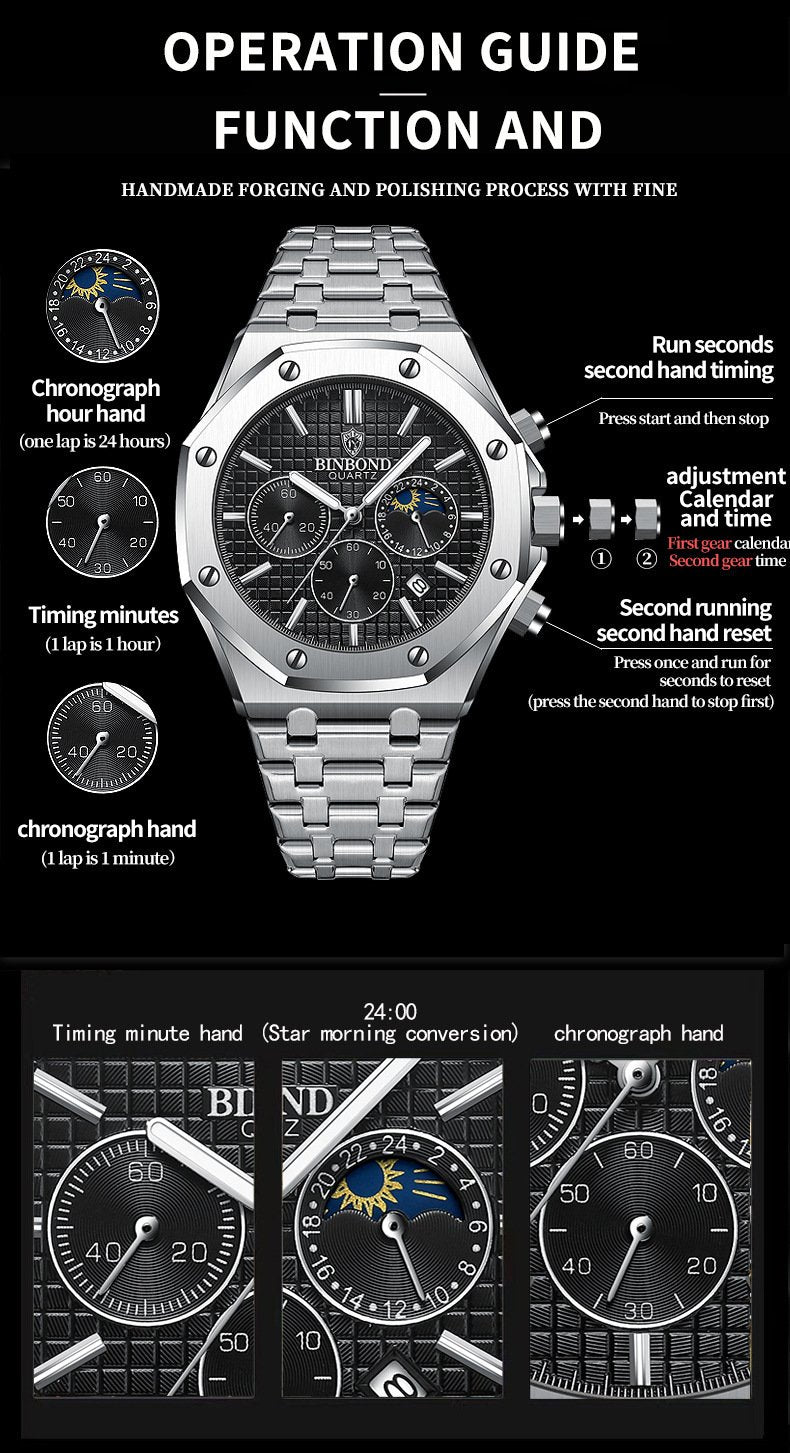 Three-Dial, Six-Hand Multifunction Moon Phase Men's Steel-Strap Watch