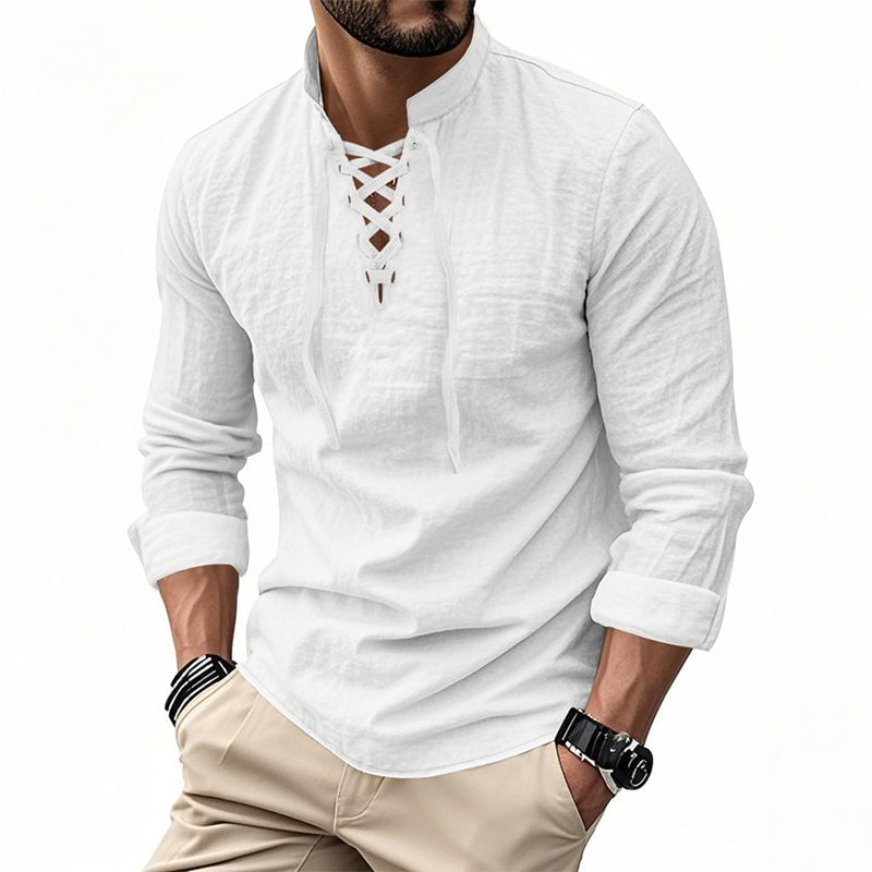 Men's Casual Drawstring Linen Shirt - Lightweight Breathable Long-Sleeve Design for Daily Wear & Vacation