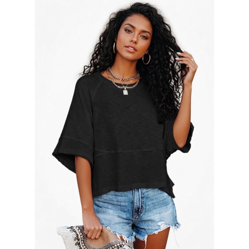 🤍 Women's Loose Fit Solid Color Crewneck Half Sleeve Casual Summer Top ✨