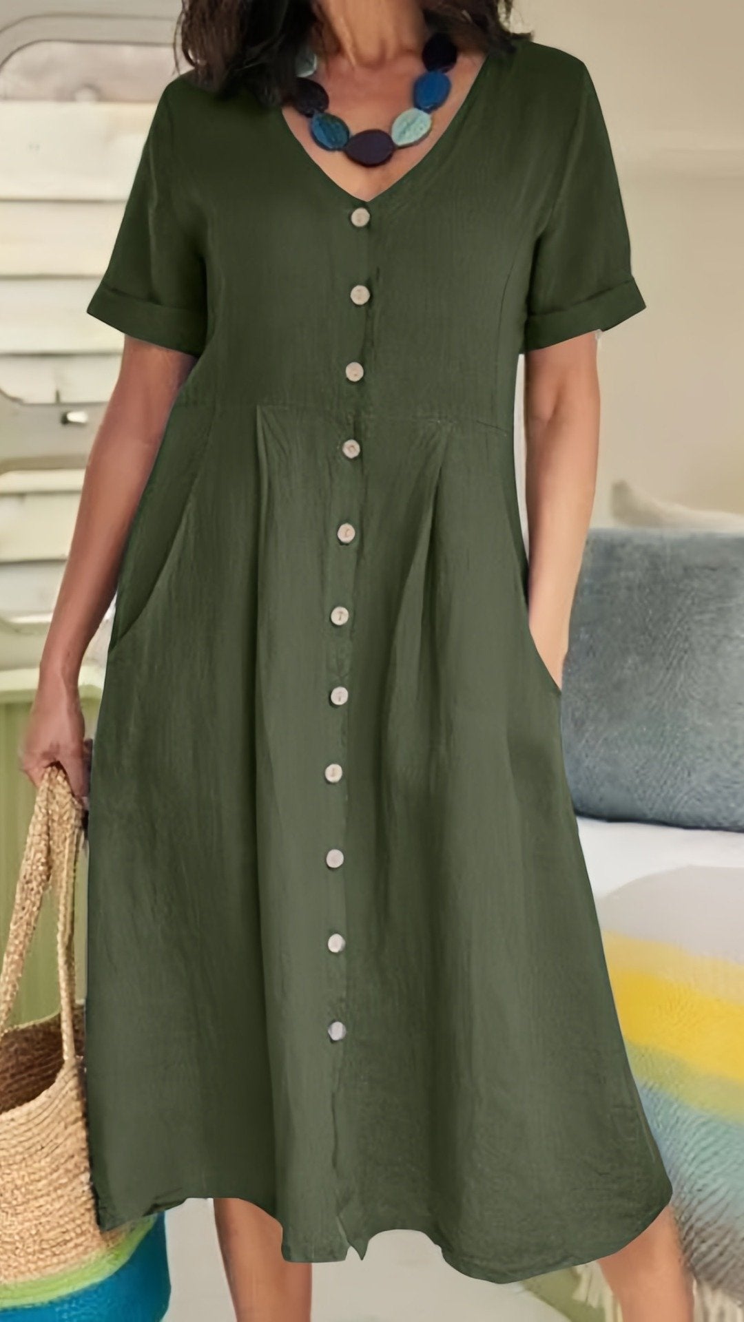 🌿 THE LINEN BUTTON MIDI: V-NECK, POCKETS, RELAXED FIT— NOW IN PLUS SIZE S-5XL! ✨