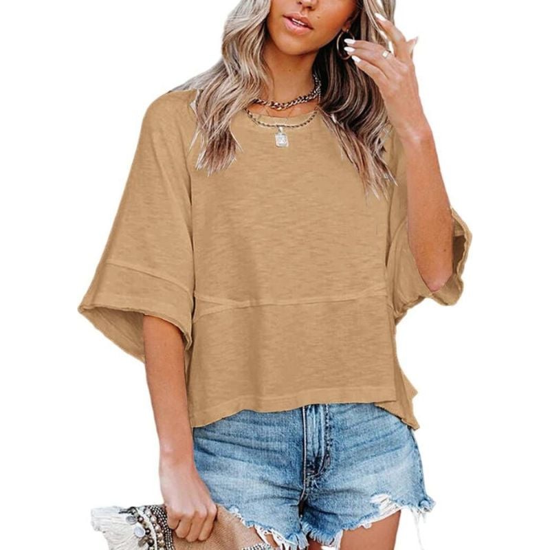 🤍 Women's Loose Fit Solid Color Crewneck Half Sleeve Casual Summer Top ✨