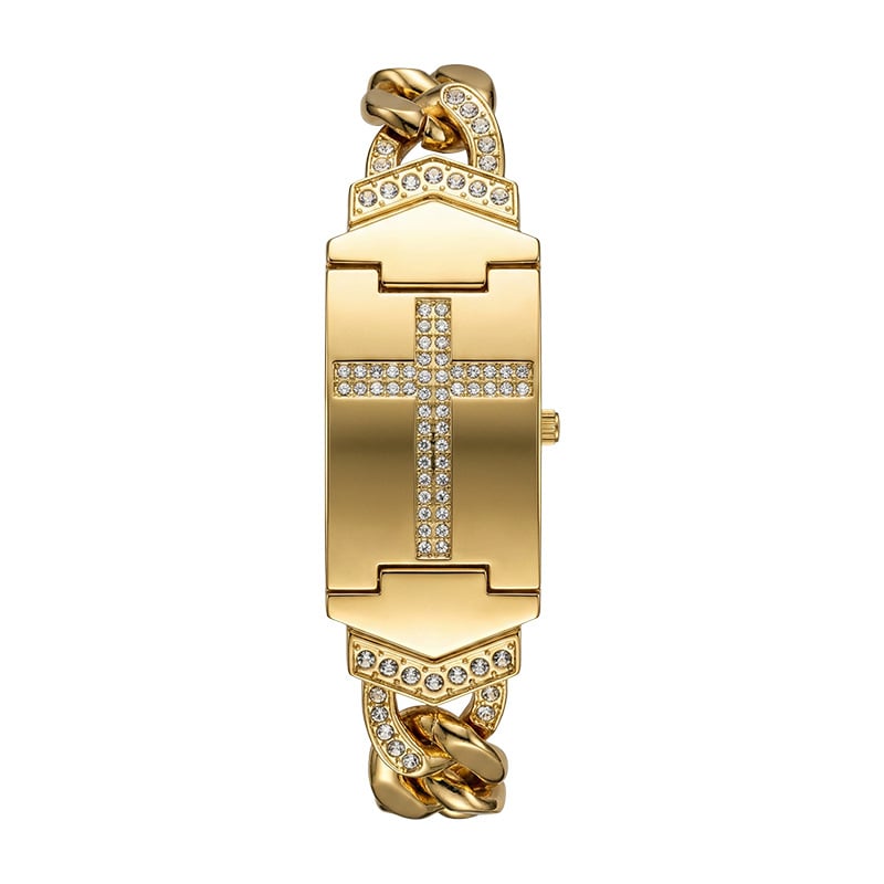 Women's Diamond-Set Cross-Shaped Flap-Style Gold Water-Resistant Wristwatch