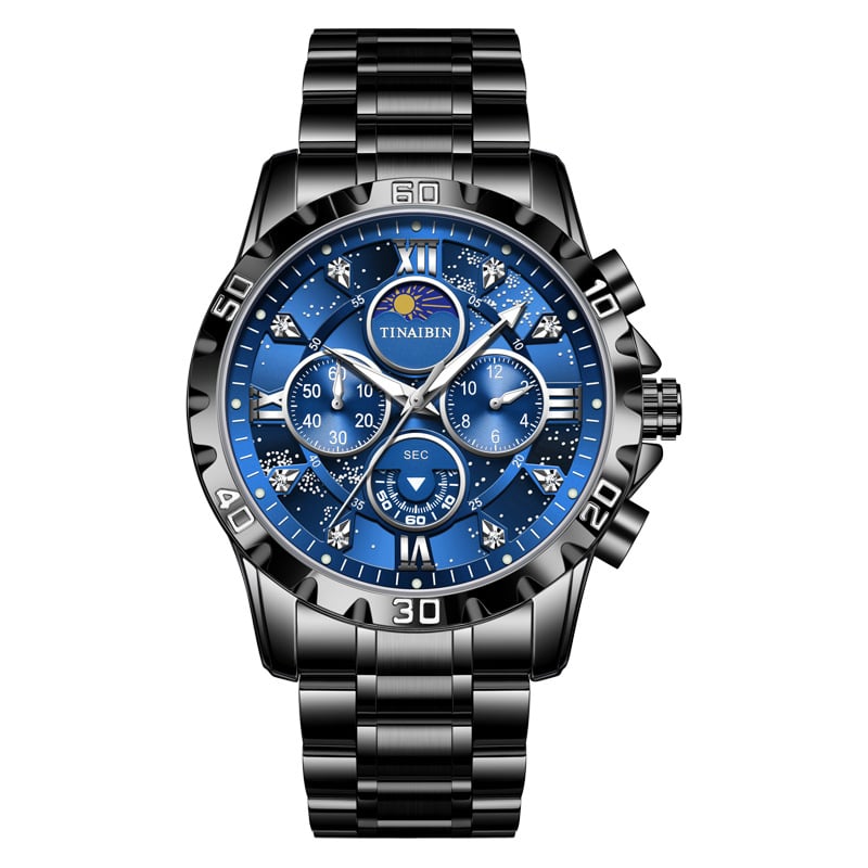 Luxury diamond-encrusted men's mechanical watch with Swiss-made movement, dual calendar, luminous and waterproof.