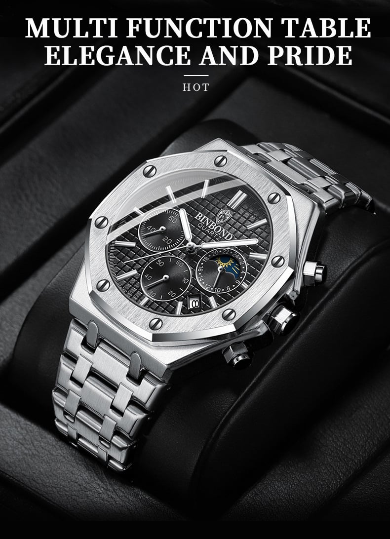 Three-Dial, Six-Hand Multifunction Moon Phase Men's Steel-Strap Watch