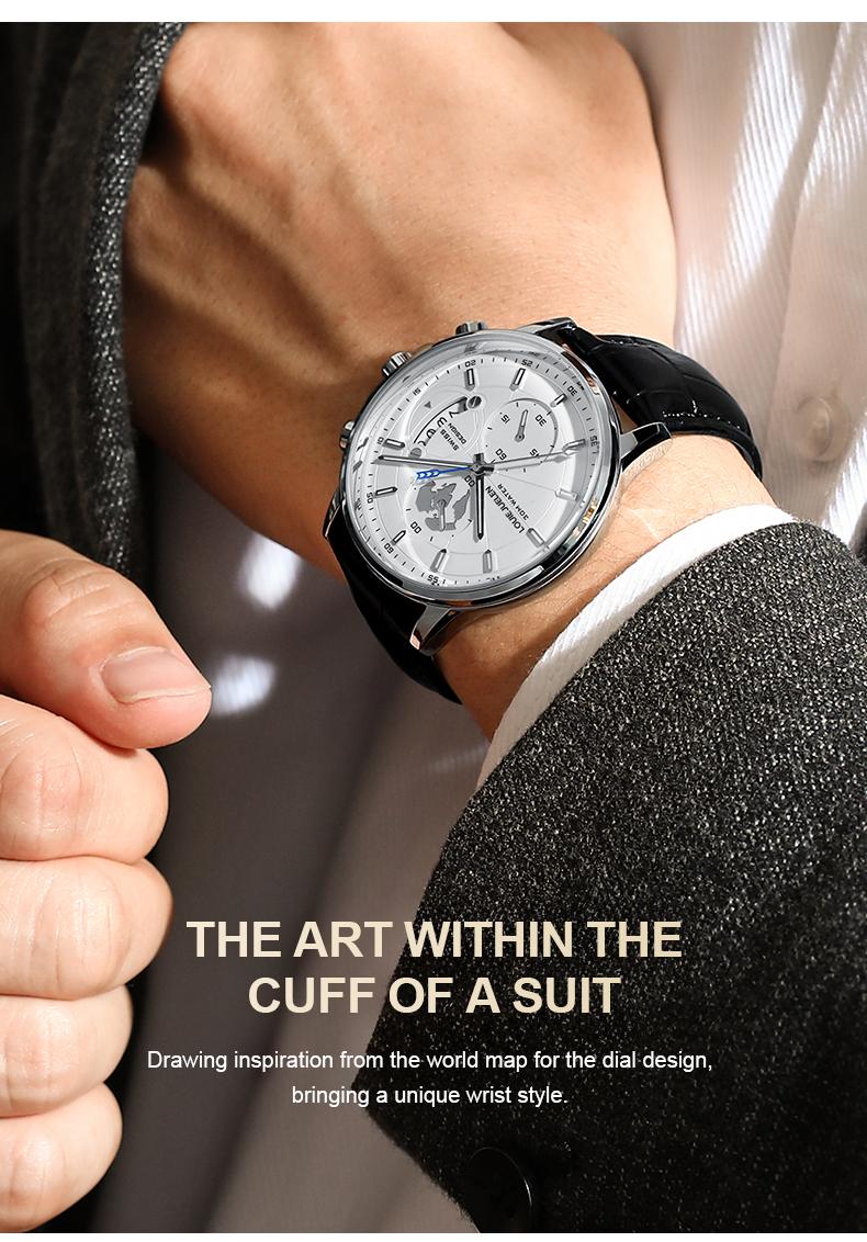 Elegant men's watch with globe design, 30m water resistant and luminous dial