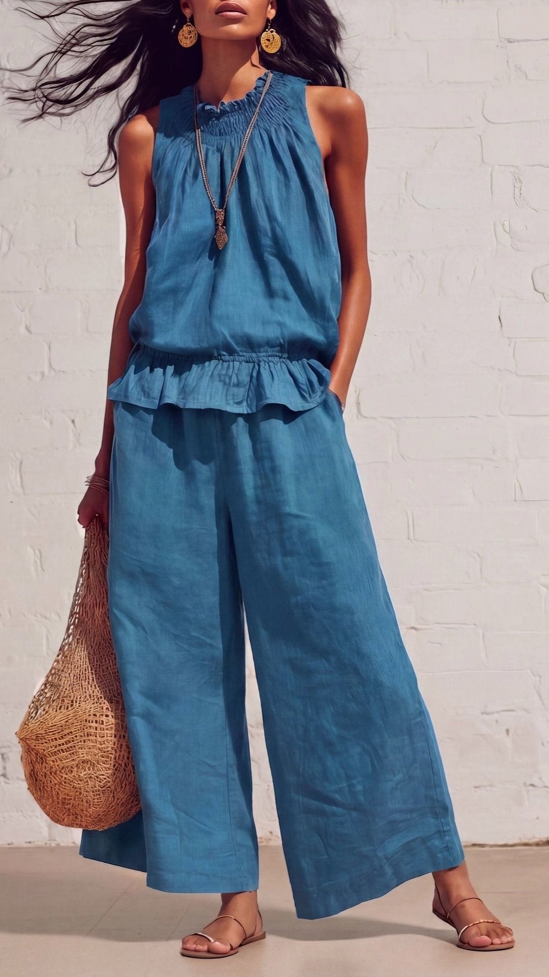 🌾 THE COTTON LINEN BOHO DUO: RUFFLED TOP + WIDE LEG PANTS — YOUR MOST COMFORTABLE SUMMER SET 🌾