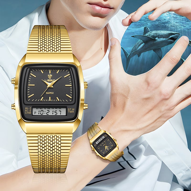 Men's Steel-Band Dual-Display Dual-Movement Quartz Electronic Watch