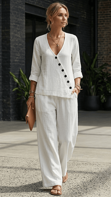 🌿 THE RELAXED LINEN SET: DEEP V TOP + WIDE LEG TROUSERS — YOUR NEW UNIFORM FOR EFFORTLESS DAYS 🌿