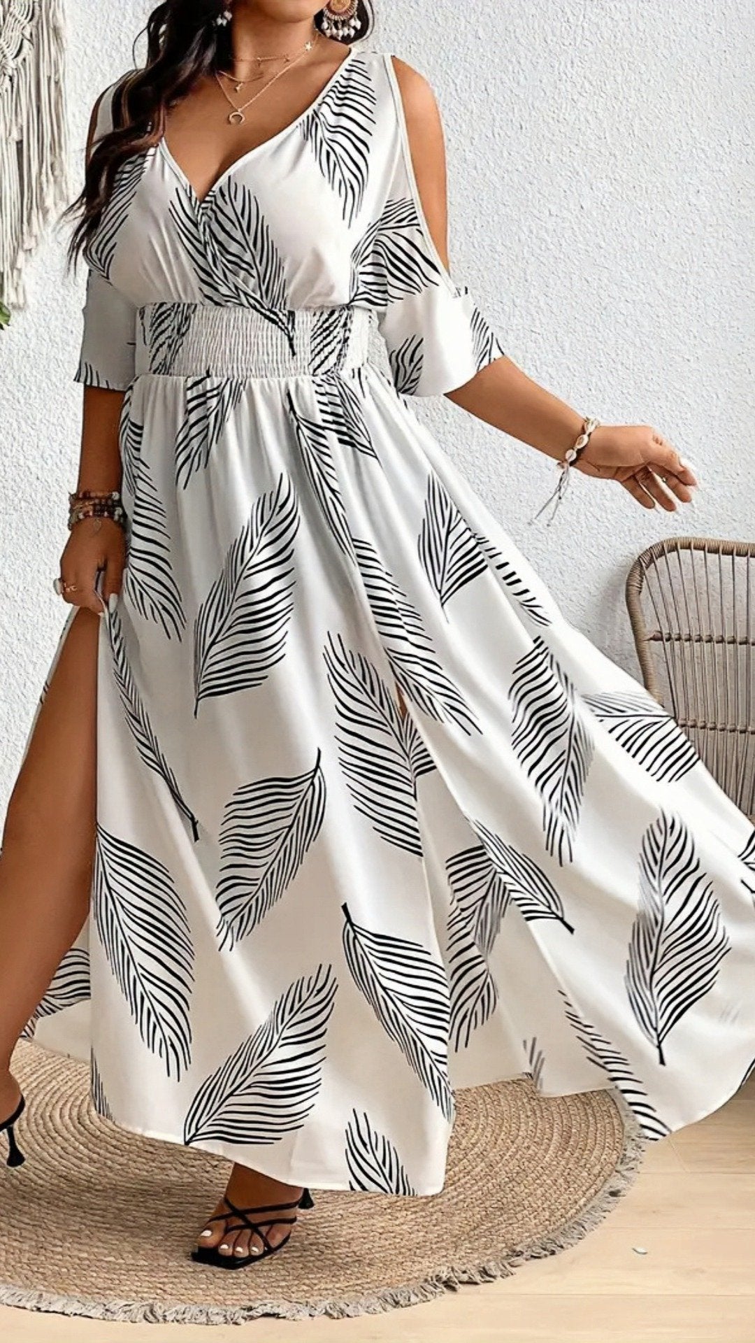 🌺 THE COLD SHOULDER MAXI: V-NECK, SIDE SPLIT, ALL-OVER PRINT — PLUS SIZE, PERFECTLY BOHO 🌺