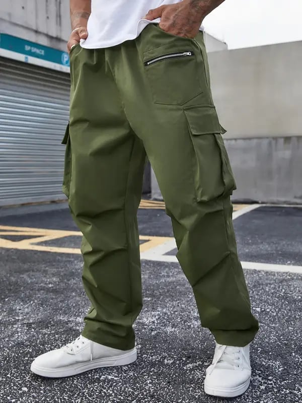 Men's Drawstring Cargo Pants ➰ Relaxed Fit Streetwear🔥Multi-Pocket Casual Trousers 🚶 Zipper Detail Straight Bottoms
