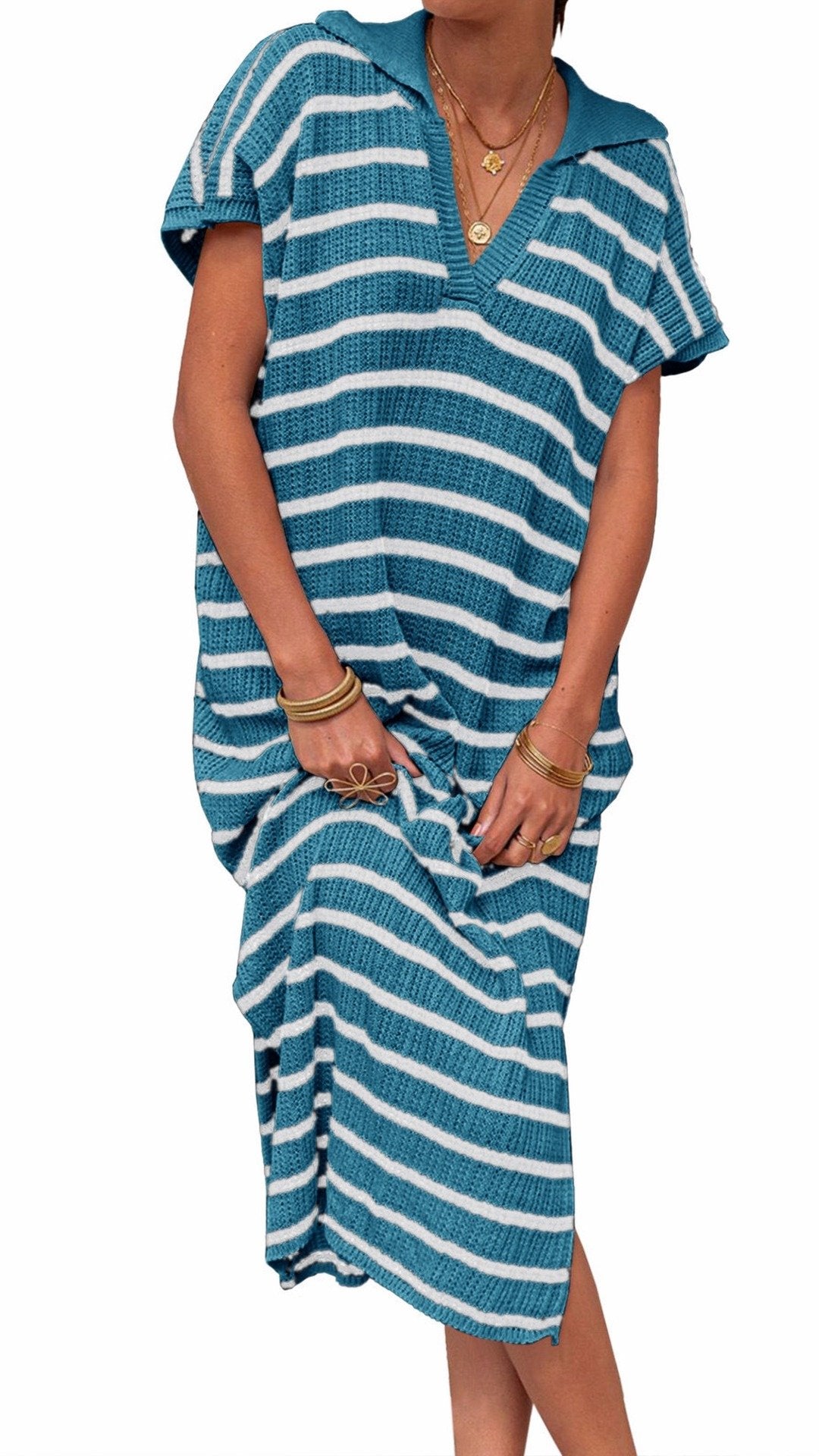 🌊 THE STRIPED KNIT COLLAR MAXI: SHORT SLEEVES, V-NECK, SIDE SLITS — EFFORTLESS SUMMER STYLE 🌊