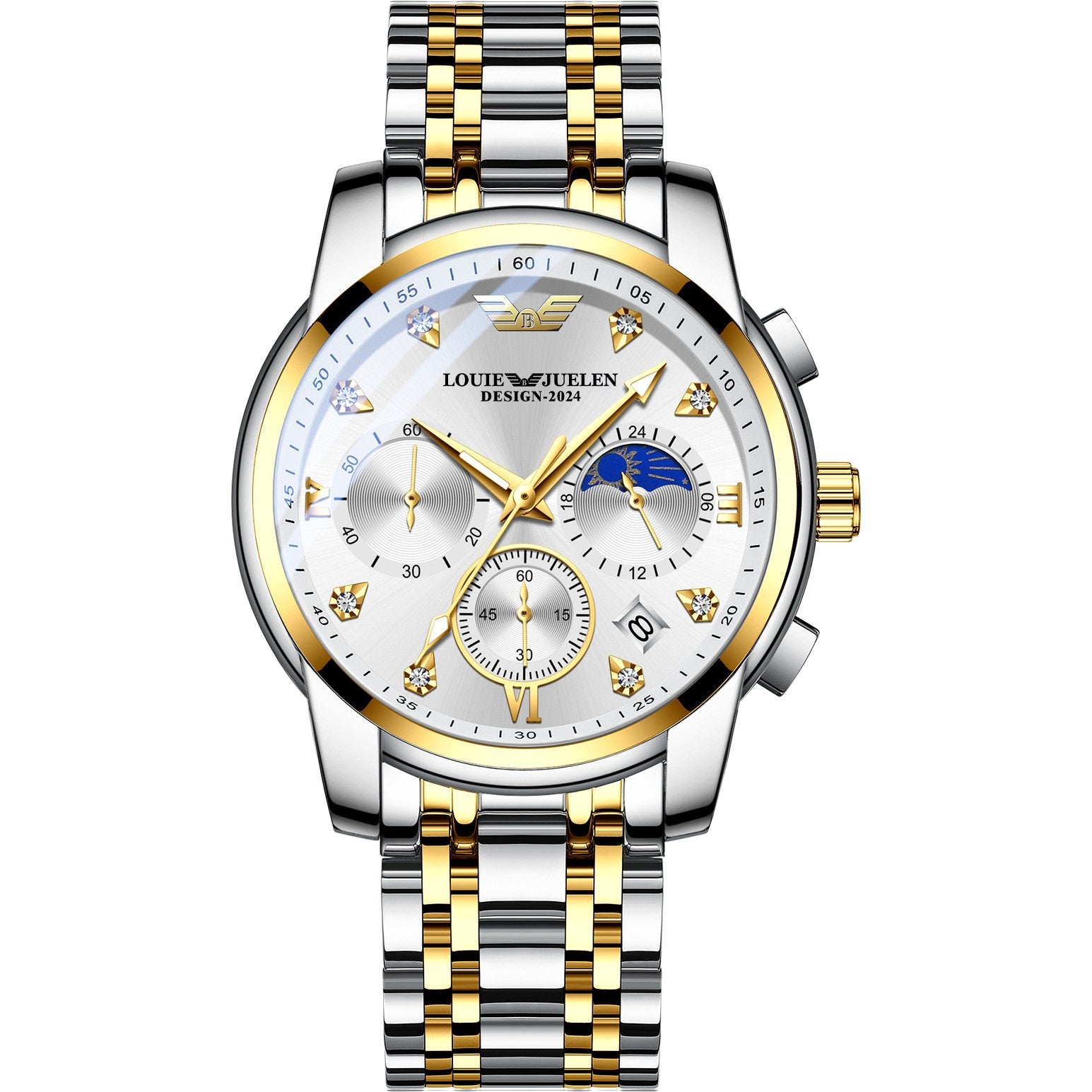 Men's luminous quartz watch with calendar, day, date, and moon phase display.