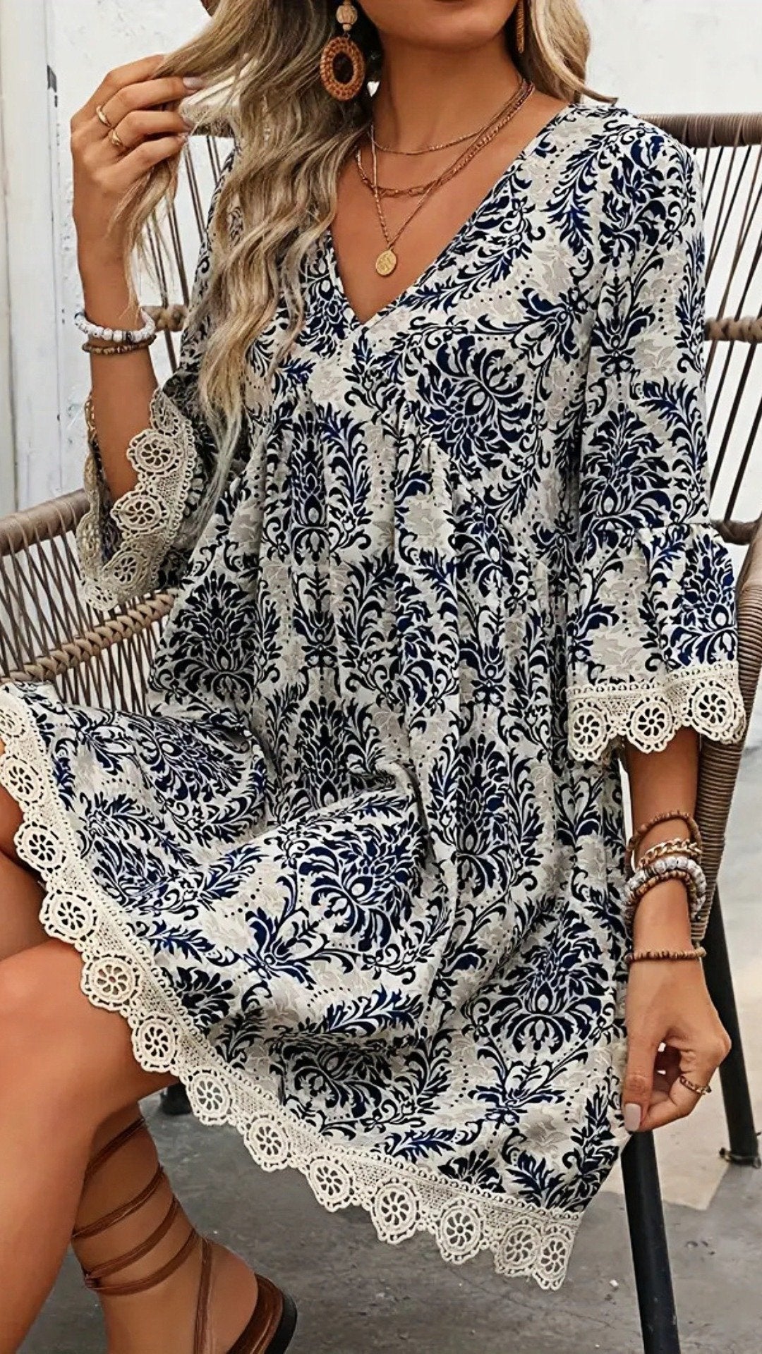 🌸 THE BOHEMIAN LACE TRIM DRESS: V‐NECK, LONG SLEEVES, ALL‐OVER PRINT — YOUR YEAR‐ROUND ESCAPE PIECE 🌸