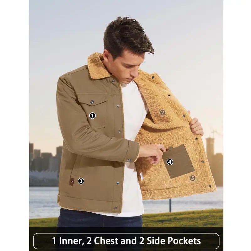 Winter Sherpa Lined Jacket ❄️ Men's Warm Trucker Coat with Multi Pockets, Casual Collared Cotton Fleece Outerwear