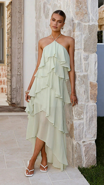 🌸 THE HALTER TIERED MAXI: CHIFFON, RUFFLES, A-LINE – YOUR DREAM WEDDING GUEST DRESS 🌸
