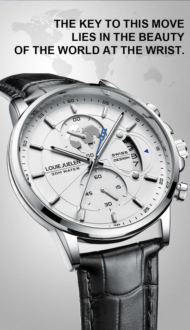 Elegant men's watch with globe design, 30m water resistant and luminous dial