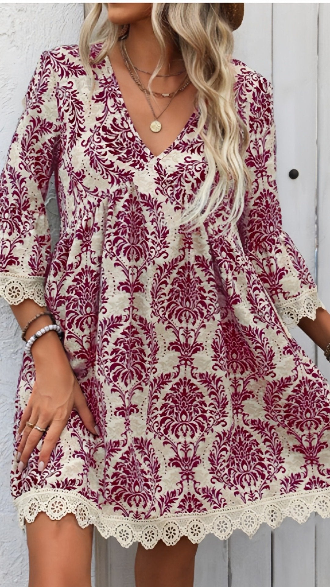 🌸 THE BOHEMIAN LACE TRIM DRESS: V‐NECK, LONG SLEEVES, ALL‐OVER PRINT — YOUR YEAR‐ROUND ESCAPE PIECE 🌸