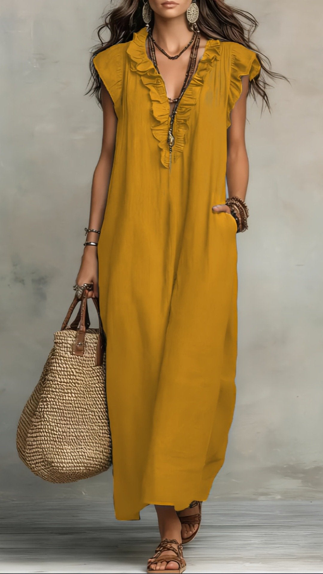 🌸 THE BOHO WANDERER MAXI: V‐NECK, RUFFLE HEM, SLEEVELESS – YOUR NEW HOLIDAY ESSENTIAL 🌸