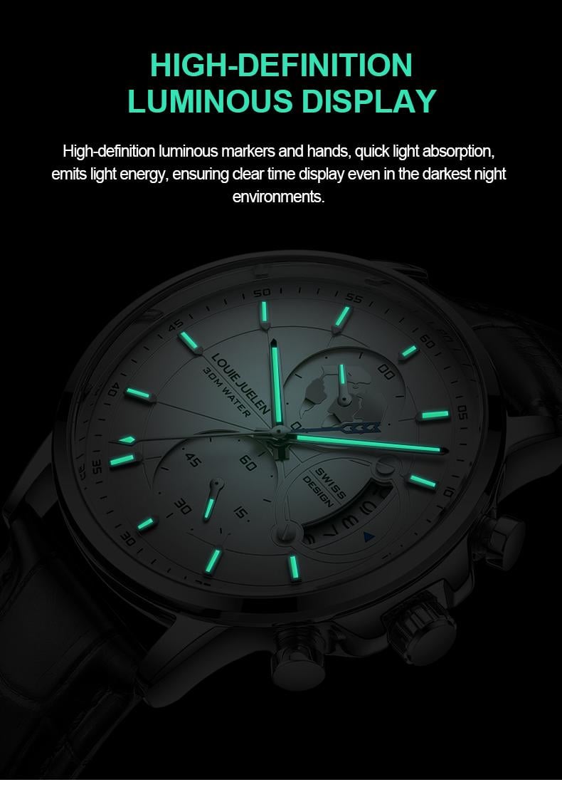Elegant men's watch with globe design, 30m water resistant and luminous dial