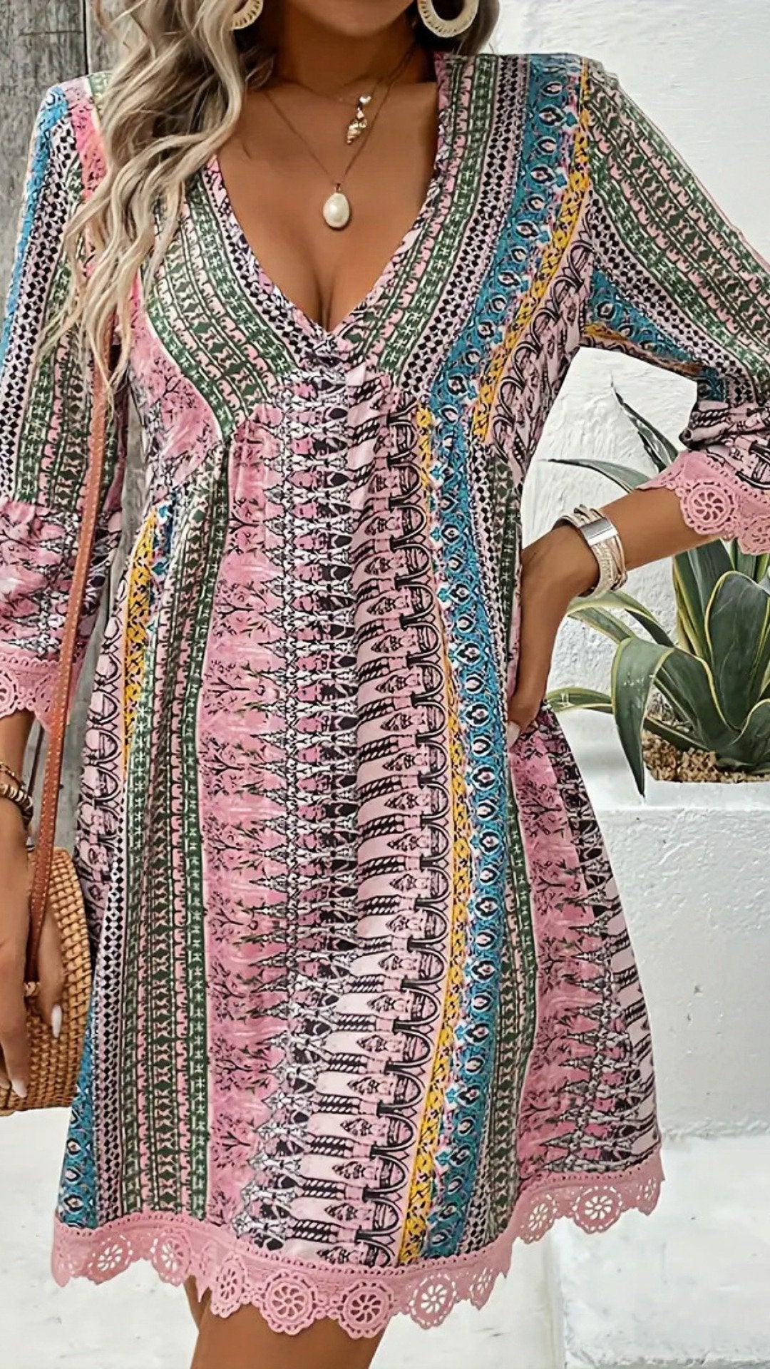 🌸 THE BOHEMIAN LACE TRIM DRESS: V‐NECK, LONG SLEEVES, ALL‐OVER PRINT — YOUR YEAR‐ROUND ESCAPE PIECE 🌸