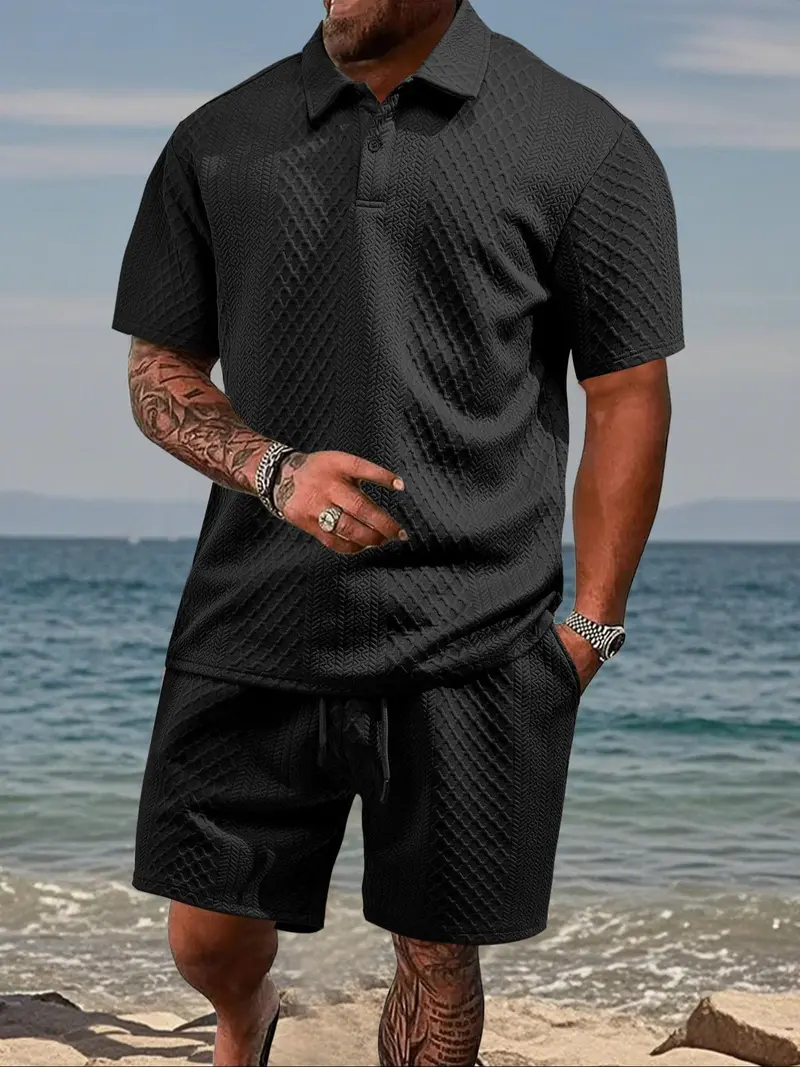 Men's Two-Piece Summer Outfit: Solid Polo & Drawstring Shorts, Cozy Breathable for Daily Wear---Buy 2 Get 15% Off & Free Shipping