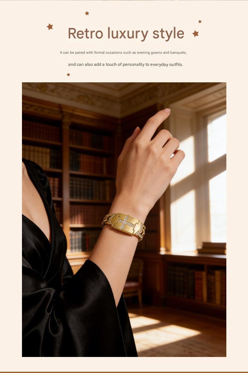 Women's Diamond-Set Cross-Shaped Flap-Style Gold Water-Resistant Wristwatch
