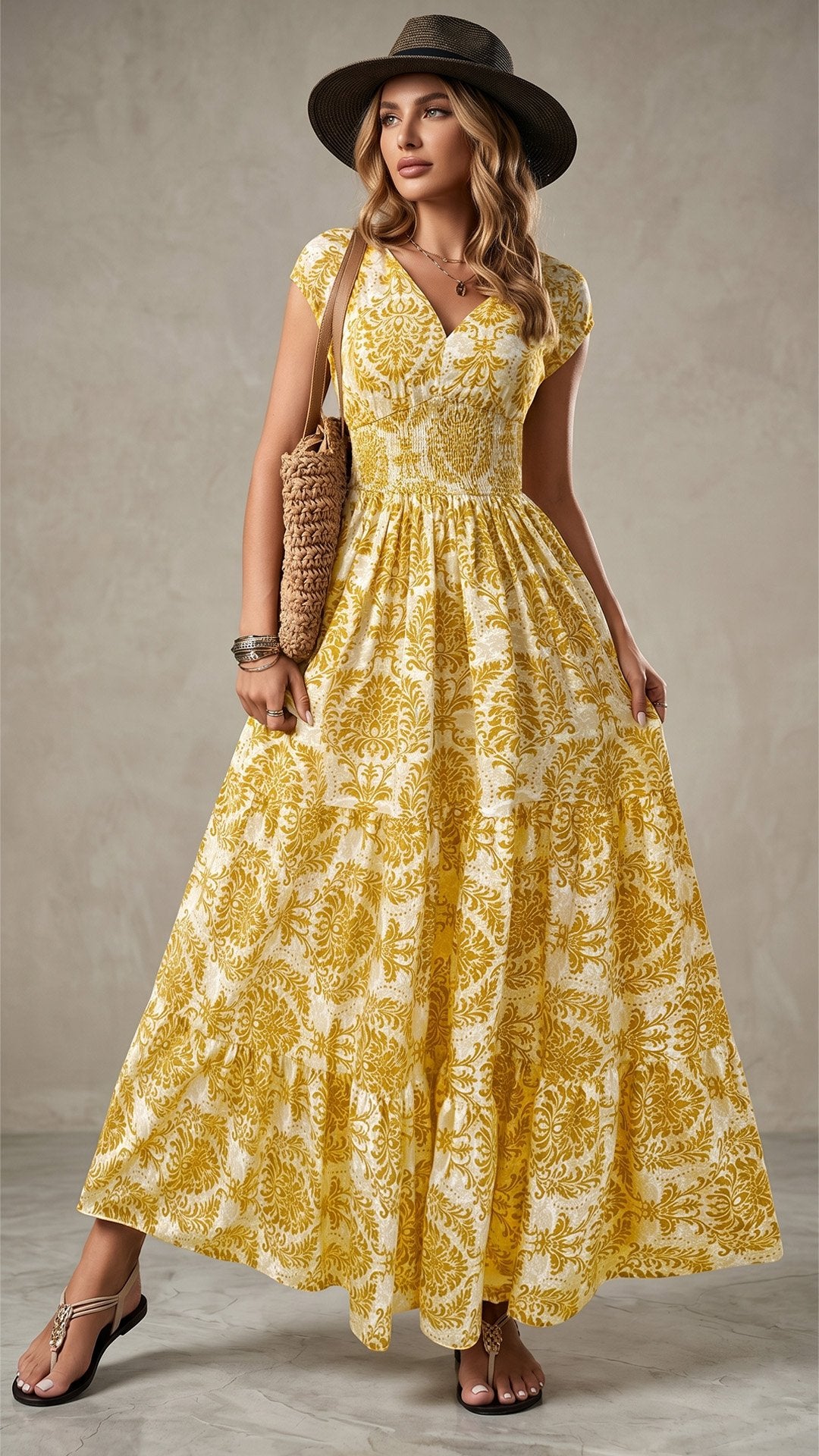 🌸 THE BOHEMIAN BLOOM MAXI: V-NECK, SHIRRED WAIST, ALL-OVER PRINT — YOUR SUMMER HOLIDAY DREAM DRESS 🌸
