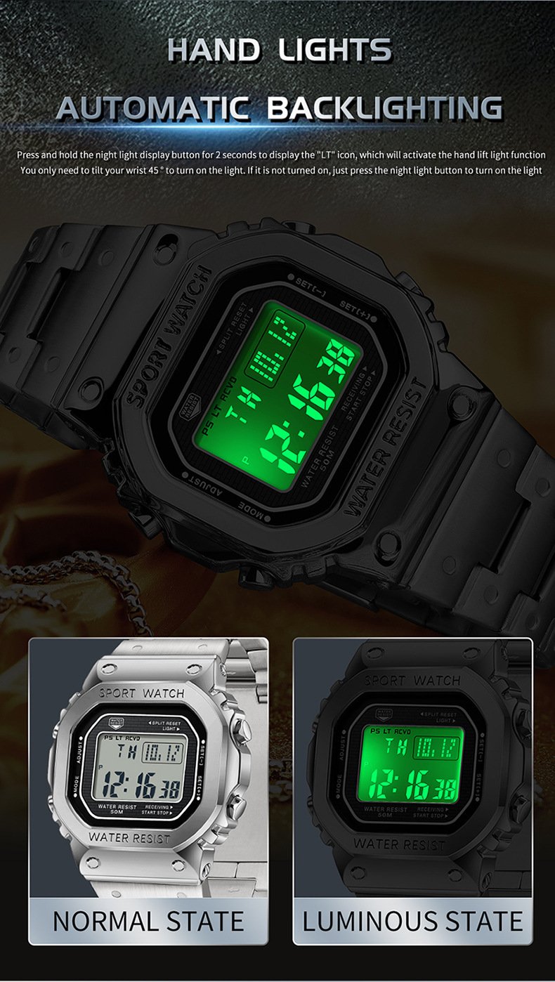 Multifunctional Square Waterproof Digital Watch
