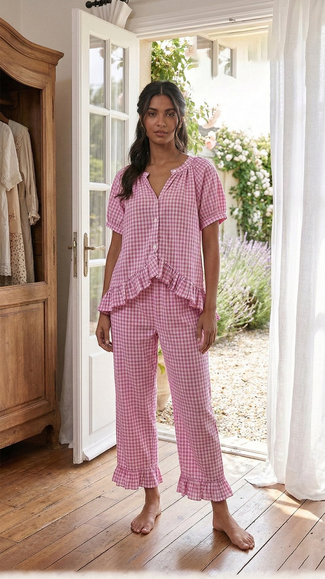 🎀 THE GINGHAM LOUNGE SET: Y2K VIBES, RUFFLED EDGES, BELL BOTTOM DRAMA 🎀